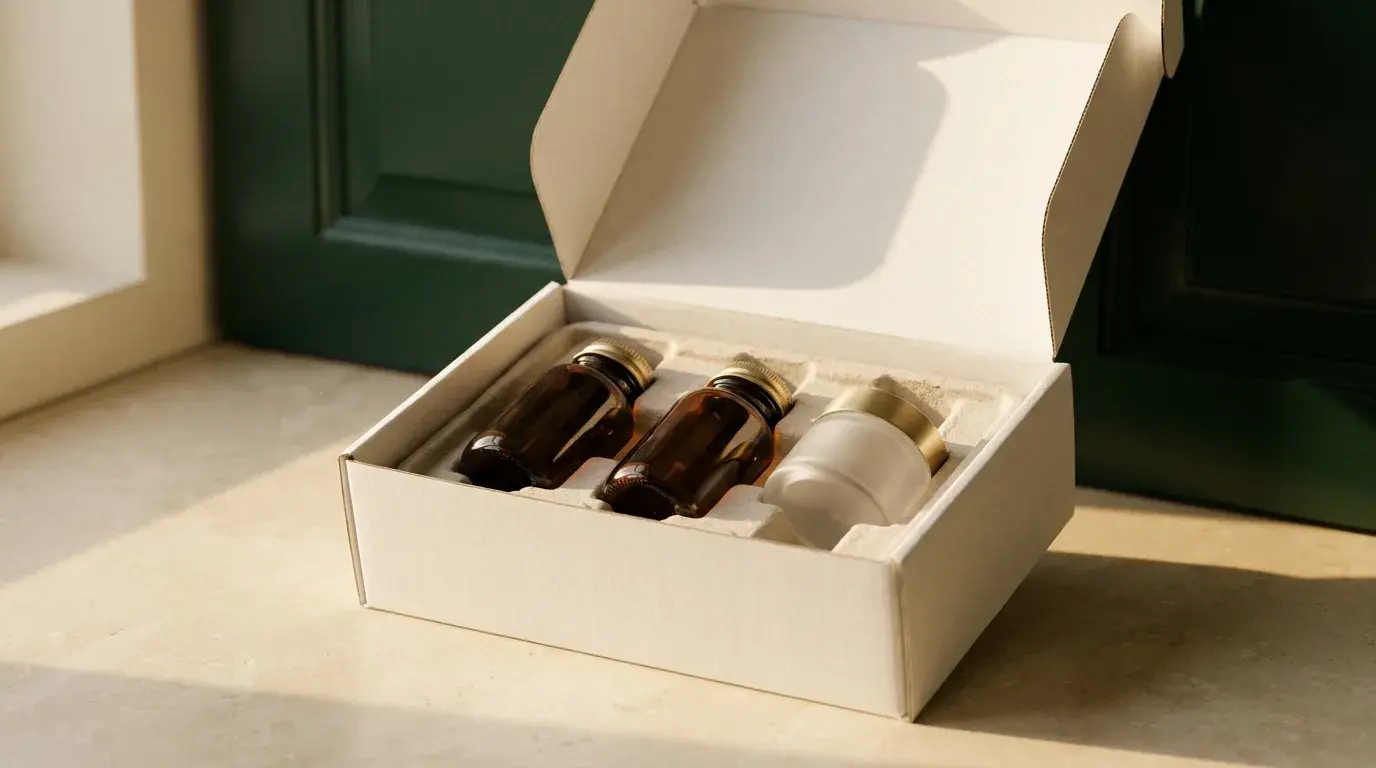 An AMA shipment, opened — amber vials and a jar in a molded insert